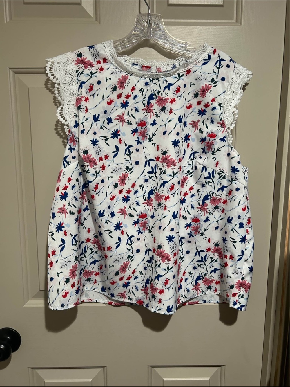 White Floral Lace Sleeve Tank Top with Pink & Blue Flowers